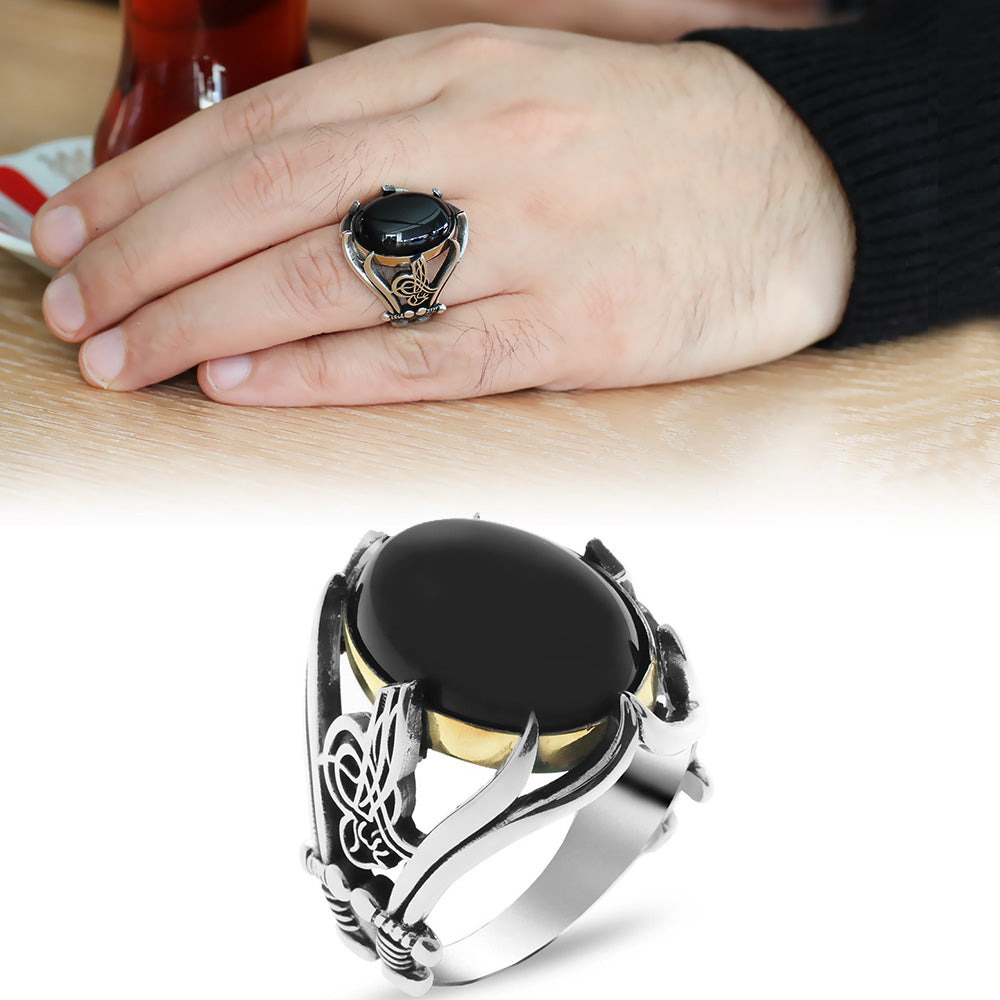 Silver Men's Ring with Monogram and Sword Black Onyx Stone