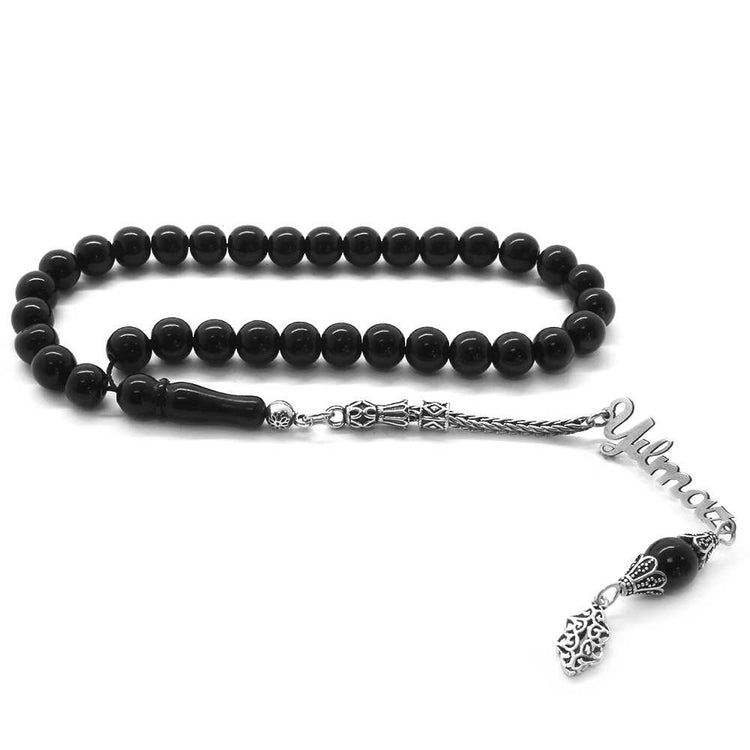 Tesbihane Silver Oltu Rosary with Name Written Claw Tassels