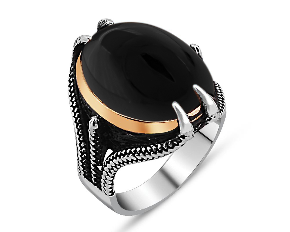Claw Design Silver Men's Ring with Black Onyx Stone-2