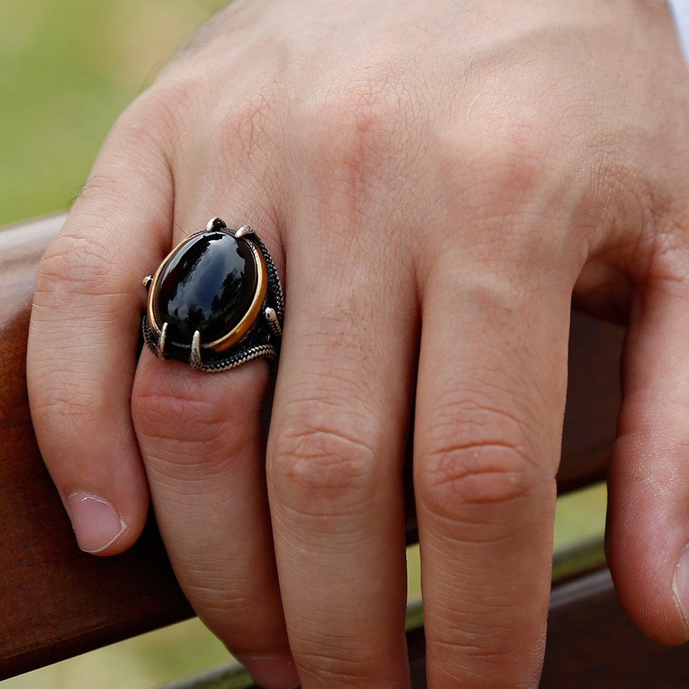 Claw Design Silver Men's Ring with Black Onyx Stone-4