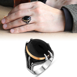 Claw Design Silver Men's Ring with Black Onyx Stone