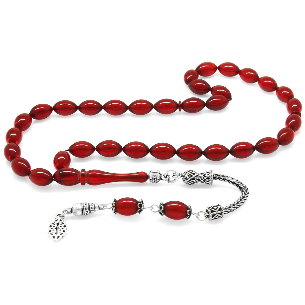 925 Sterling Silver Tasseled Flag Red Fire Amber Rosary