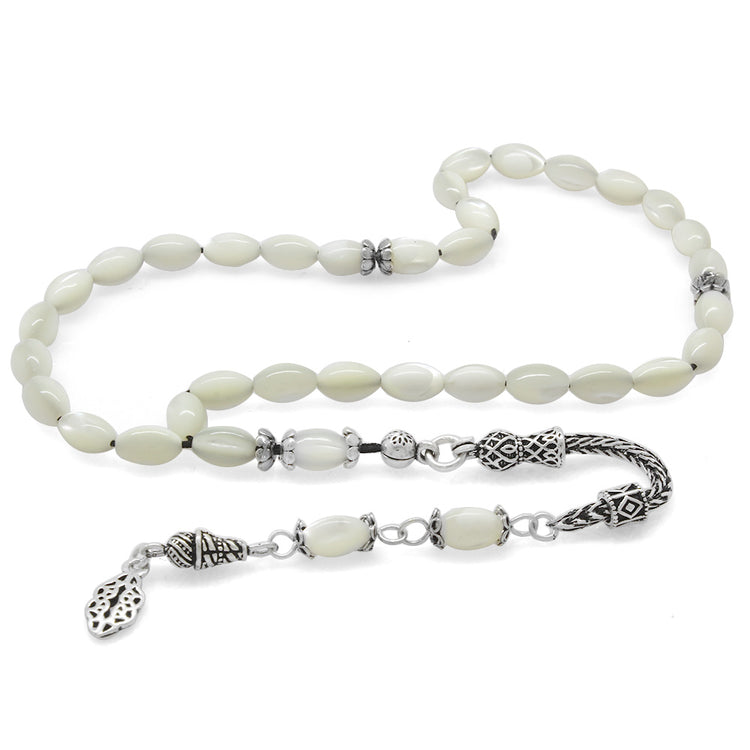 Mother of Pearl Natural Stone Prayer Beads with 925 Sterling Silver Tassels
