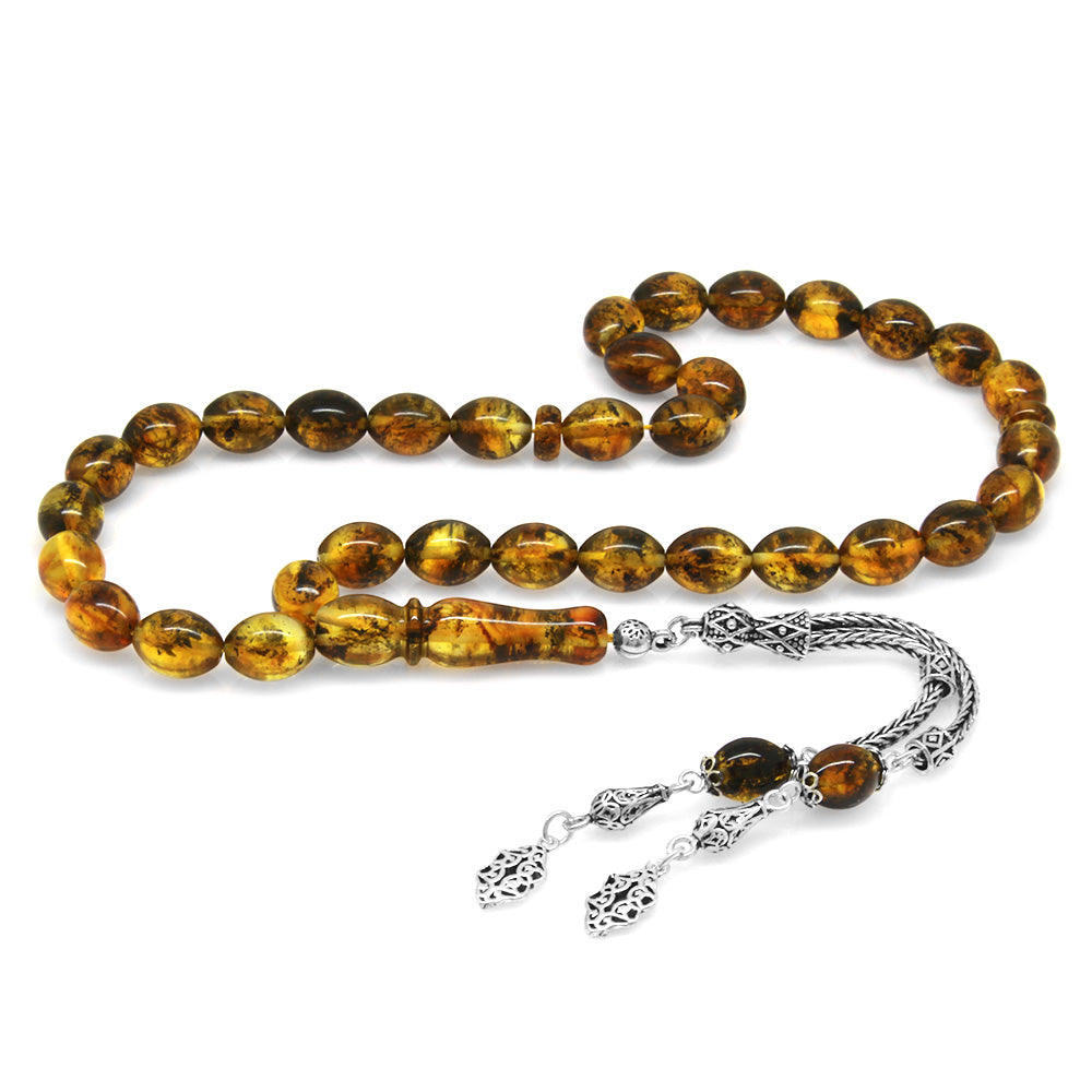 925 Sterling Silver Tasseled Barley Cut Plant Fossil Yellow Drop Amber Rosary