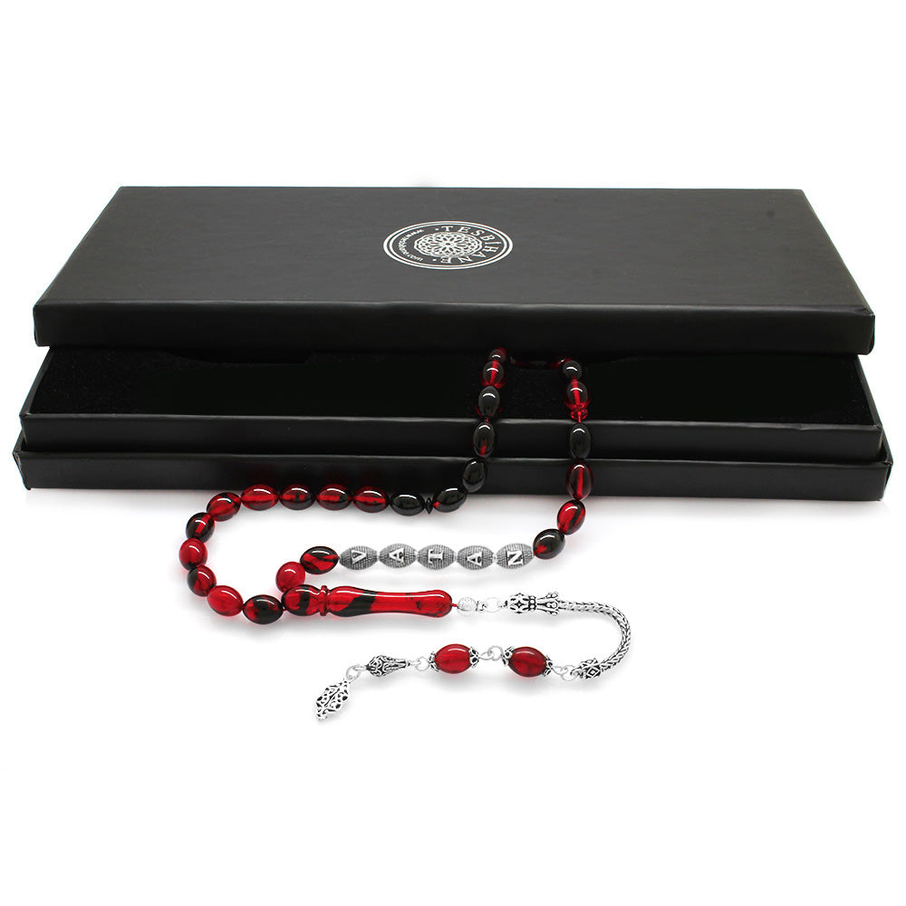 925 Sterling Silver Name Written Red-Black Amber Rosary