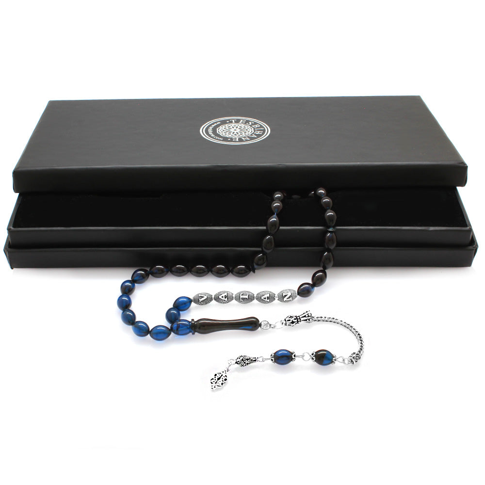 925 Sterling Silver Name Written, Blue-Black Amber Prayer Beads