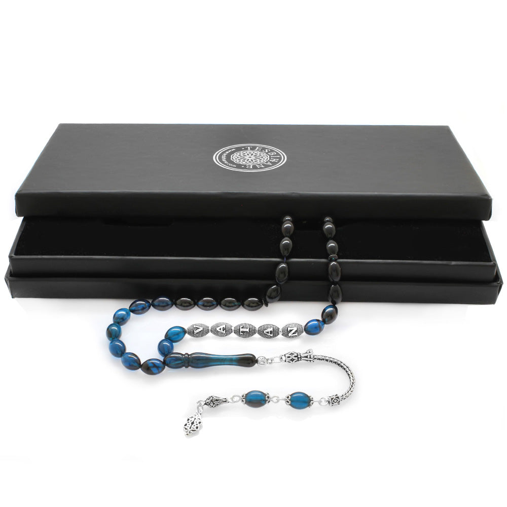 925 Sterling Silver Name Written, Turquoise-Black Amber Rosary