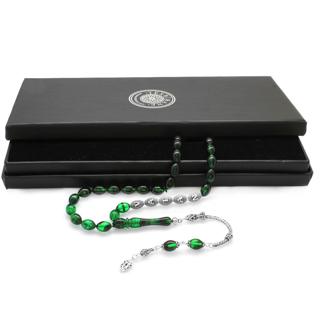 925 Sterling Silver Name Written Green-Black Fire Amber Rosary