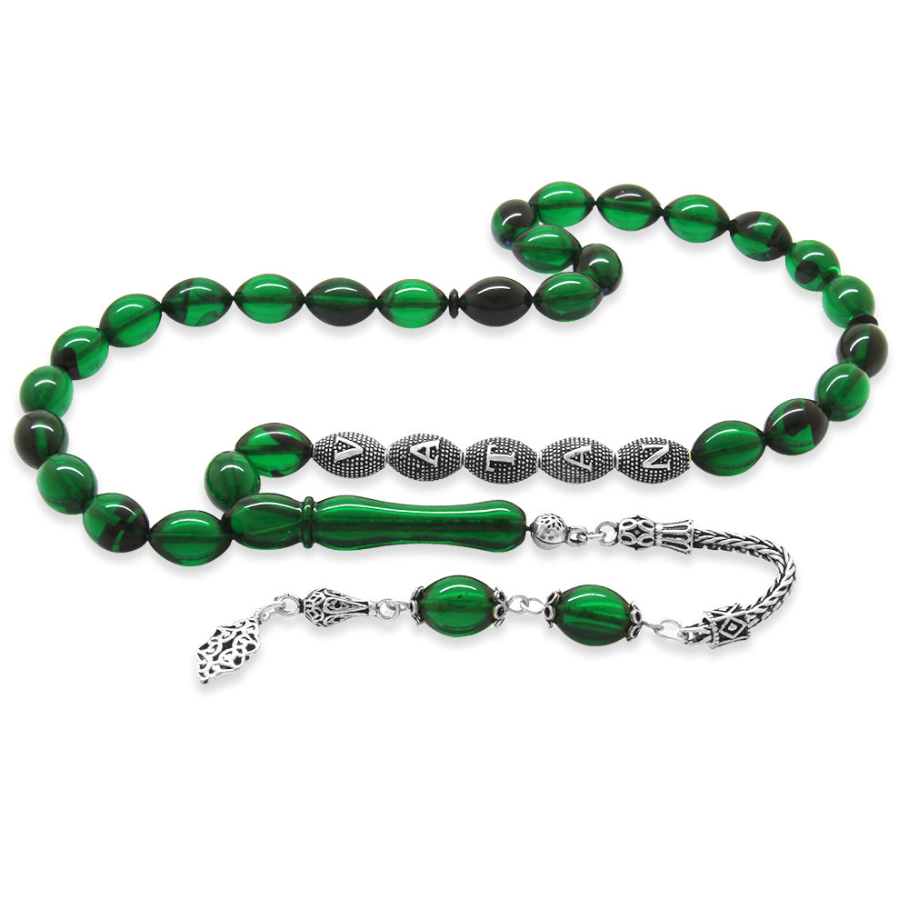 Green-Black Fire Amber Rosary with 925 Sterling Silver Tassels, Silver Name Written