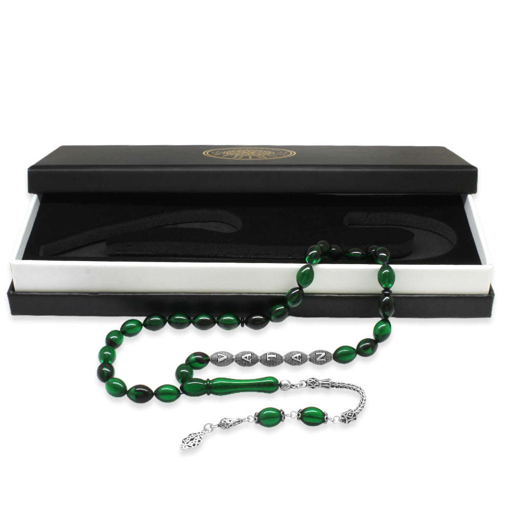 Green-Black Fire Amber Rosary with 925 Sterling Silver Tassels, Barley Cut Silver Name Written
