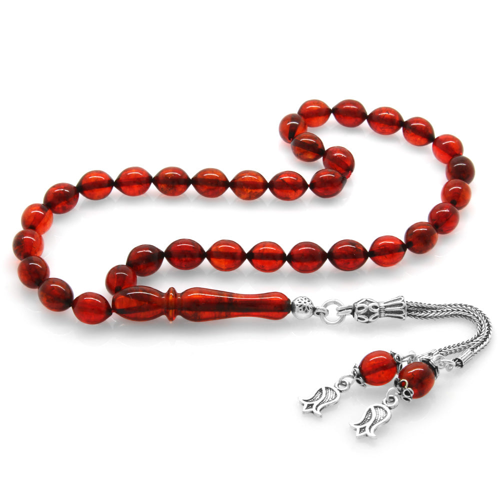 925 Sterling Silver Tasseled Moire Soft Red Amber Rosary