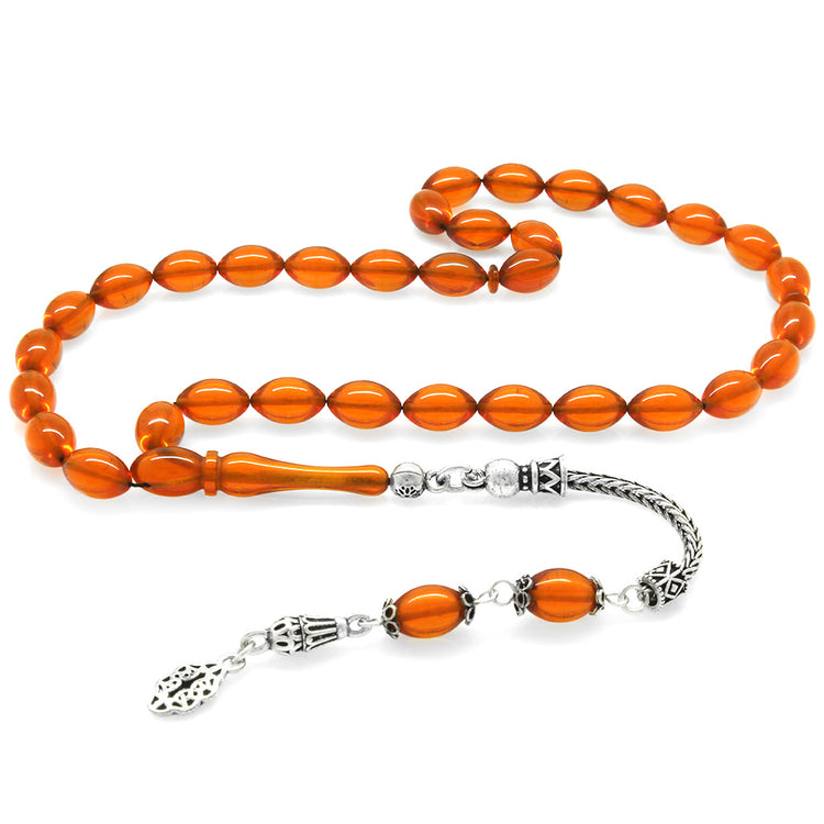 Barley Cut Red Fire Amber Rosary with 925 Sterling Silver Tassels
