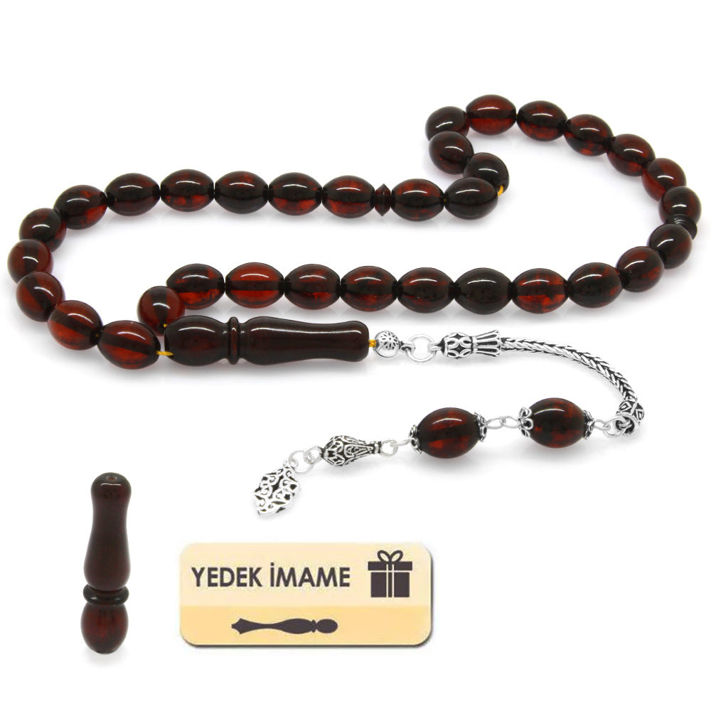 Red Drop Amber Rosary with 925 Sterling Silver Tassels