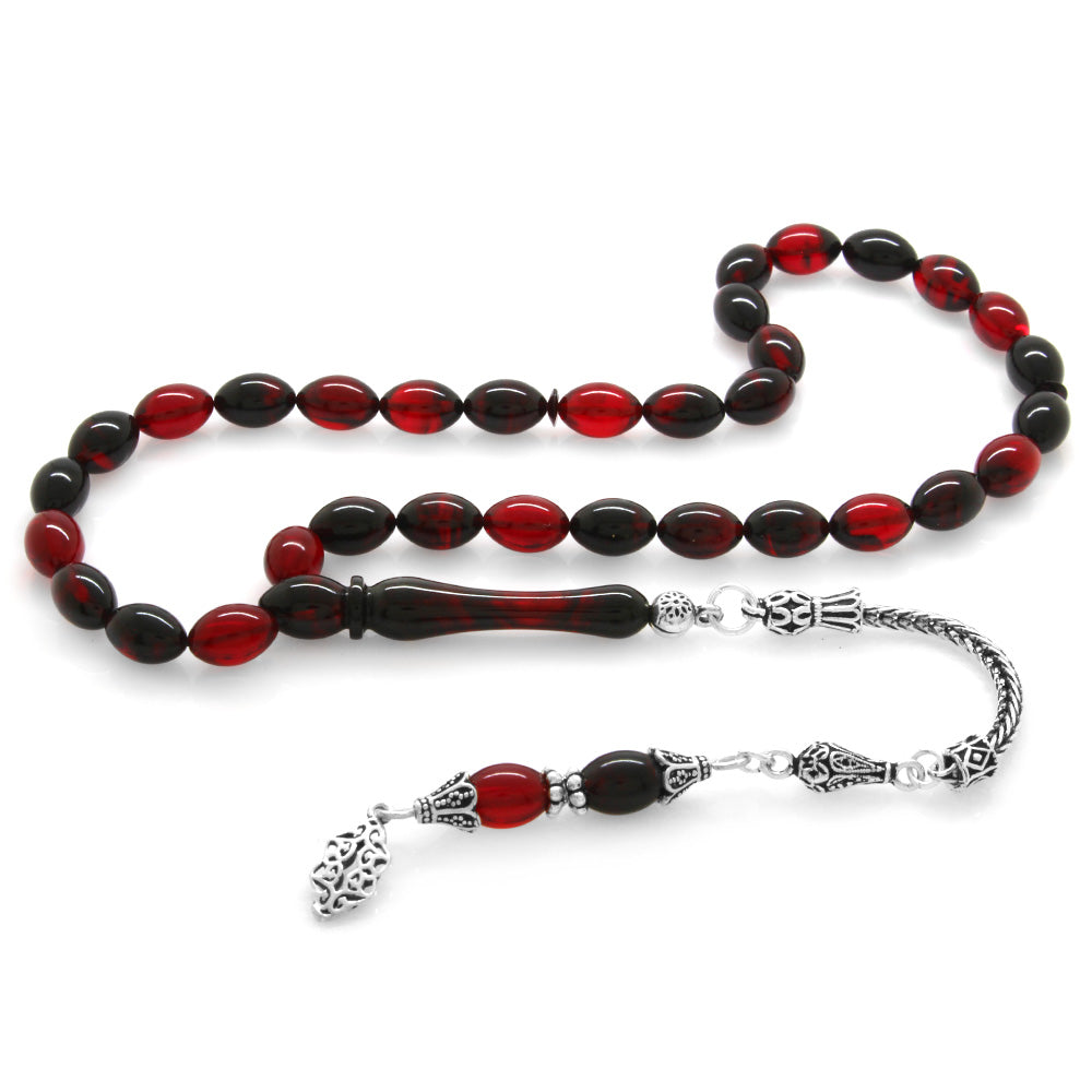 Barley Cut Red-Black Fire Amber Rosary with 925 Sterling Silver Tassels