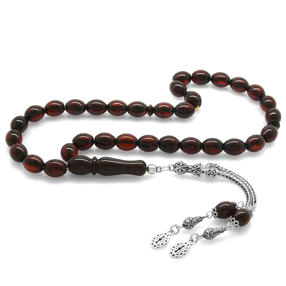 Dark Red Drop Amber Rosary with 925 Sterling Silver Tassels
