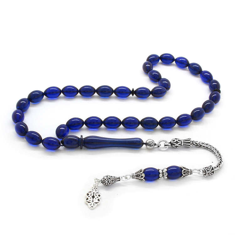 925 Sterling Silver Tasseled Dark Blue Crimped Amber Rosary