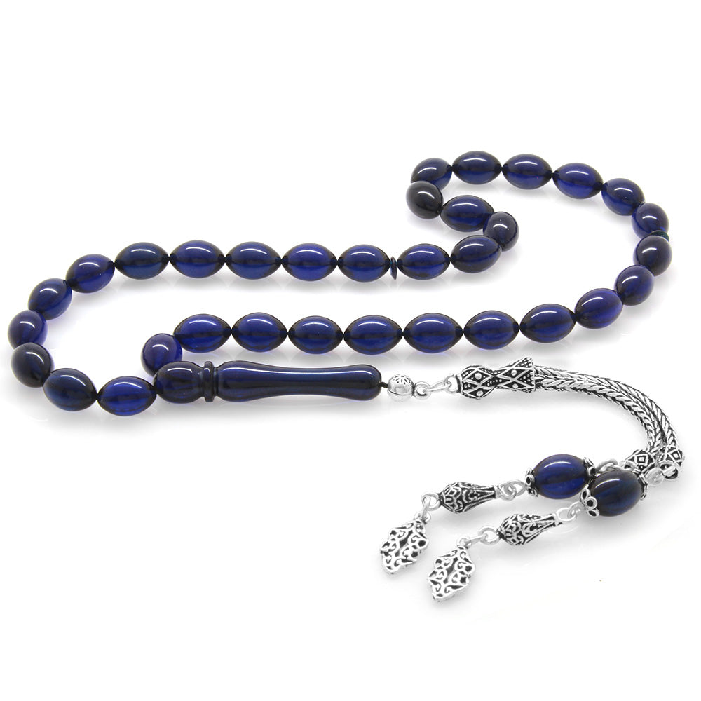 925 Sterling Silver Double Tasseled Dark Blue Rosary