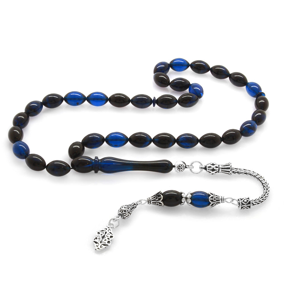 925 Sterling Silver Tasseled Blue-Black Squeezed Amber Rosary