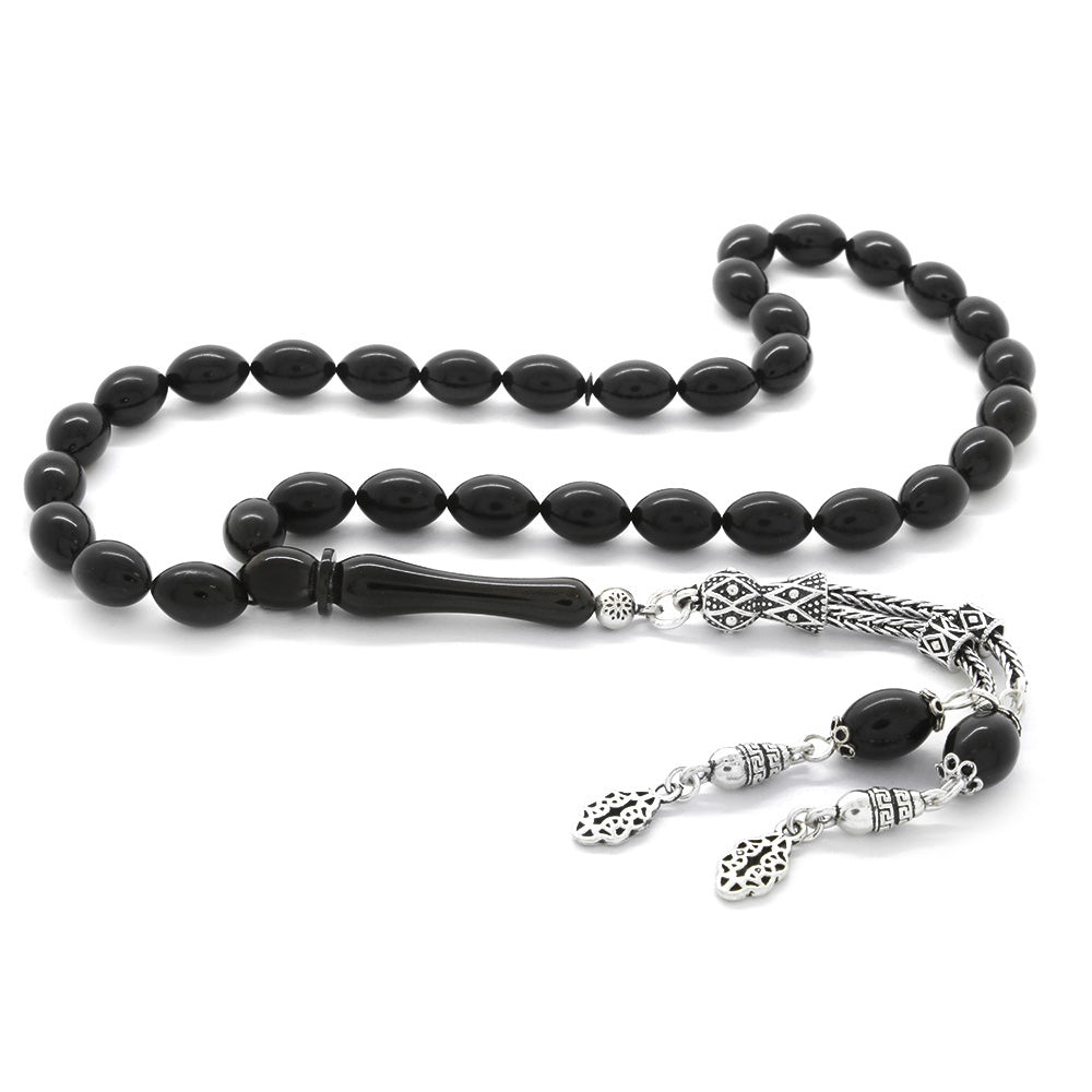 925 Sterling Silver Double Tasseled Barley Cut Black Crimped Amber Rosary