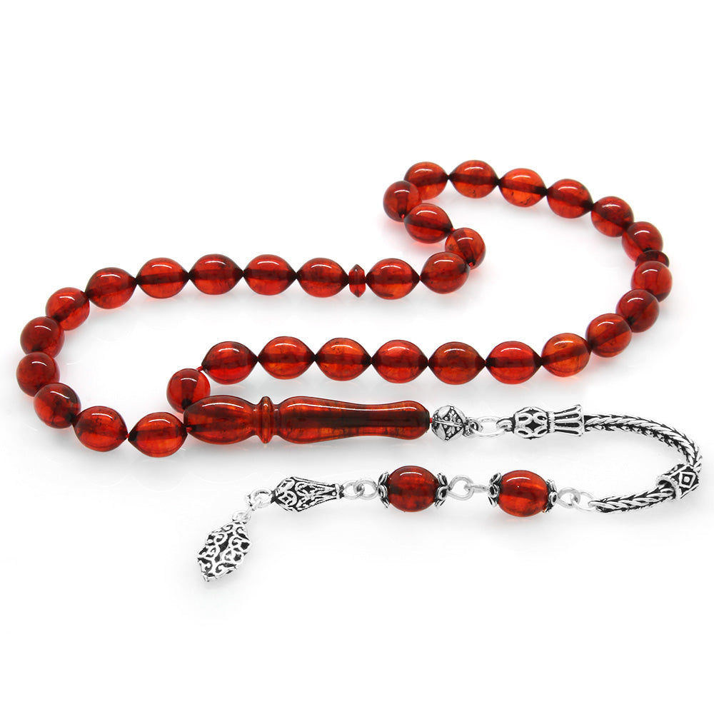 925 Sterling Silver Soft Red Drop Amber Rosary