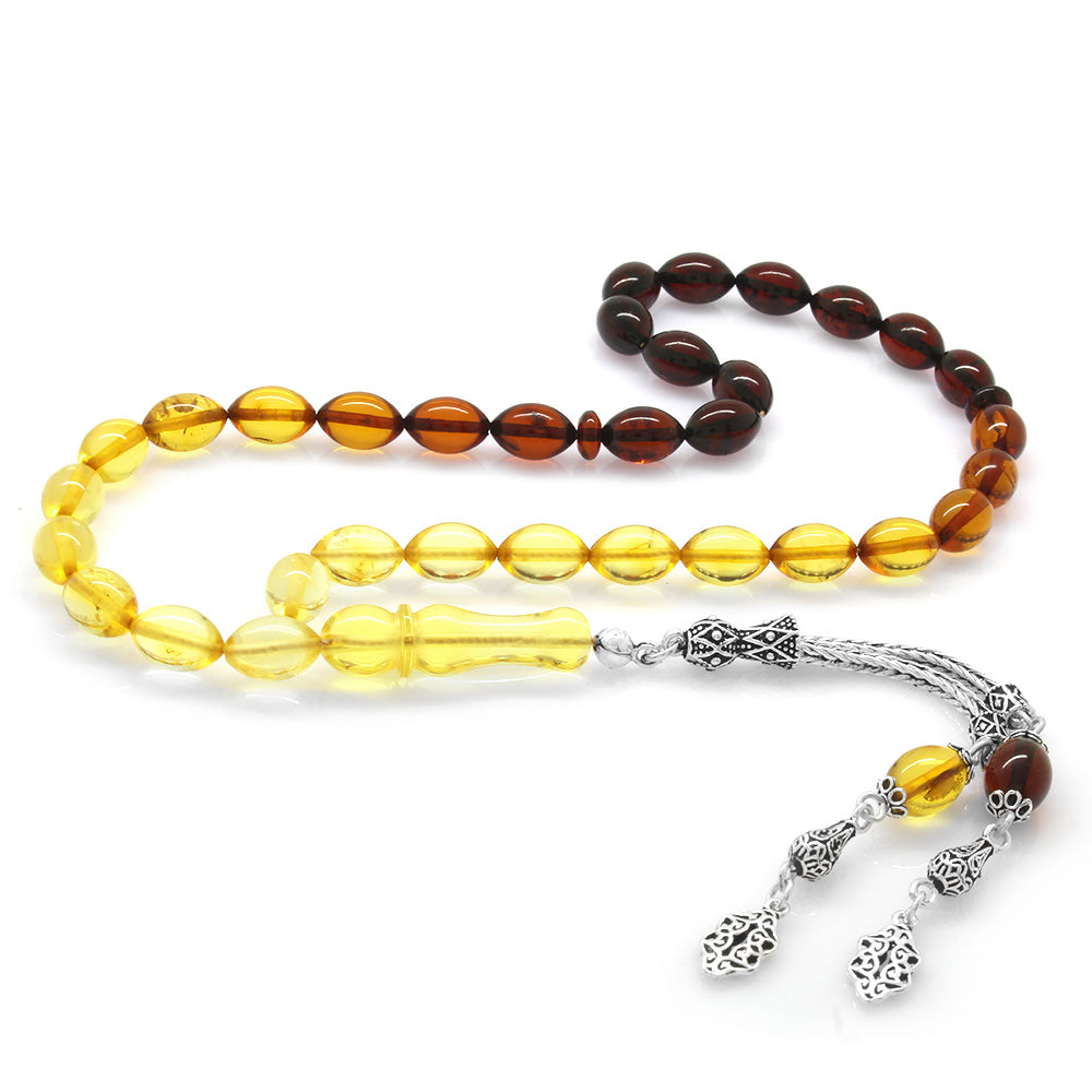 925 Sterling Silver Tasseled Filtered Red-Yellow Drop Amber Rosary