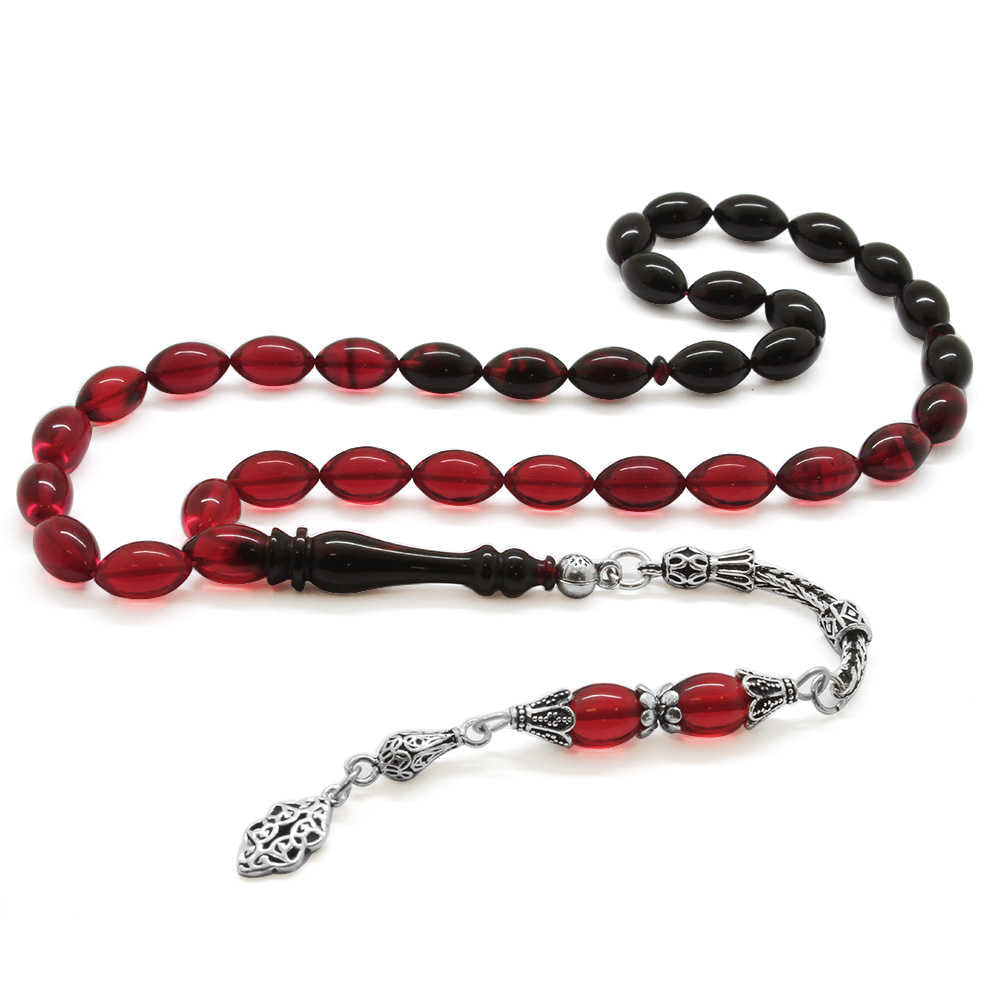 925 Sterling Silver Tasseled Barley Cut Filtered Red-Black Fire Amber Rosary