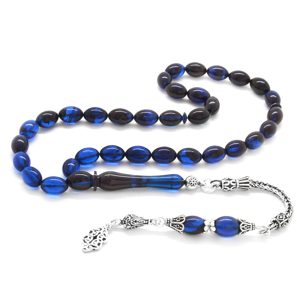 925 Sterling Silver Tasseled Blue-Black Squeezed Amber Rosary