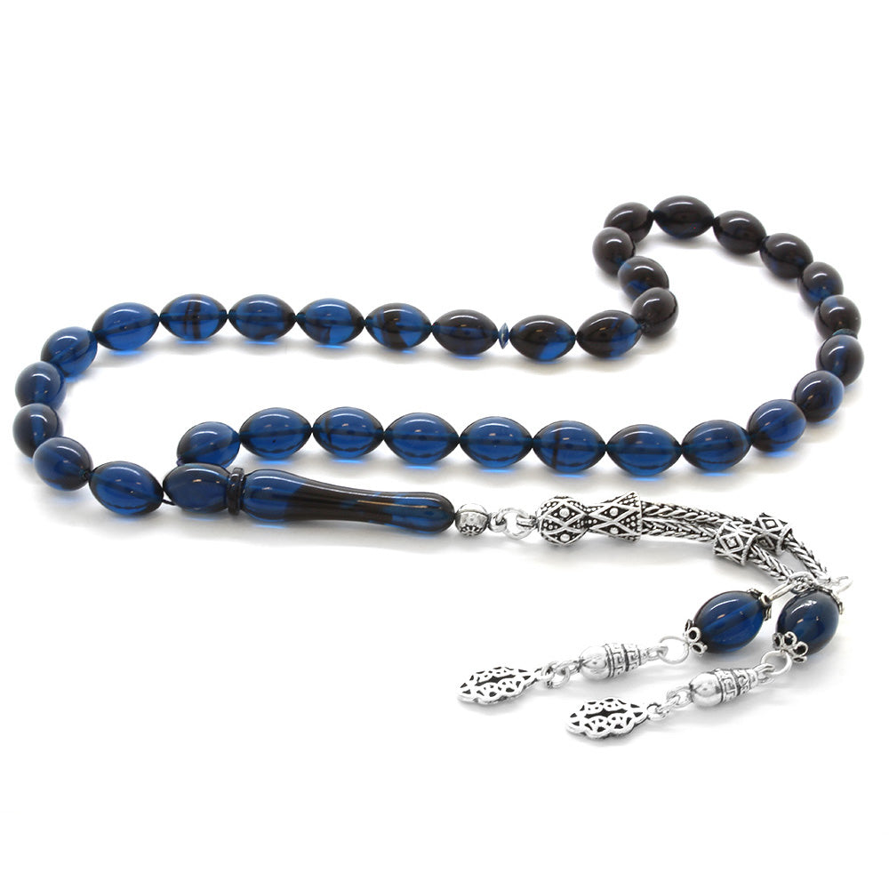 925 Sterling Silver Double Tasseled Barley Cut Blue-Black Squeezed Amber Rosary