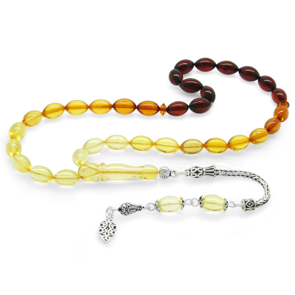 925 Sterling Silver Tasseled Yellow-Red Amber Rosary