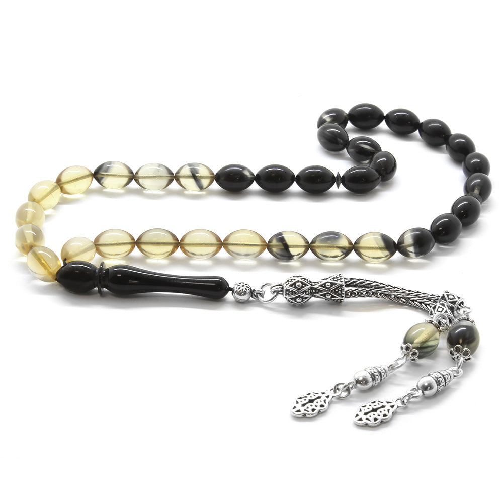 925 Sterling Silver Double Tasseled Barley Cut Filtered Black-White Fire Amber Rosary