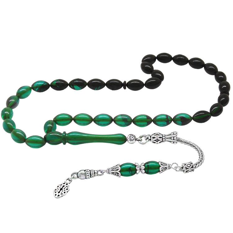 925 Sterling Silver Tasseled Turquoise-Black Fire Amber Rosary