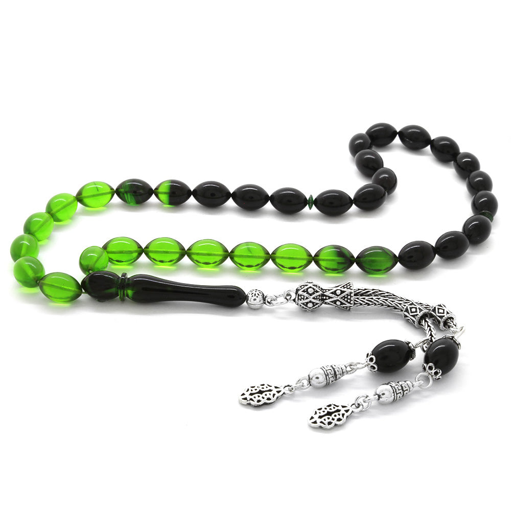 925 Sterling Silver Double Tasseled Barley Cut Filtered Green-Black Fire Amber Rosary