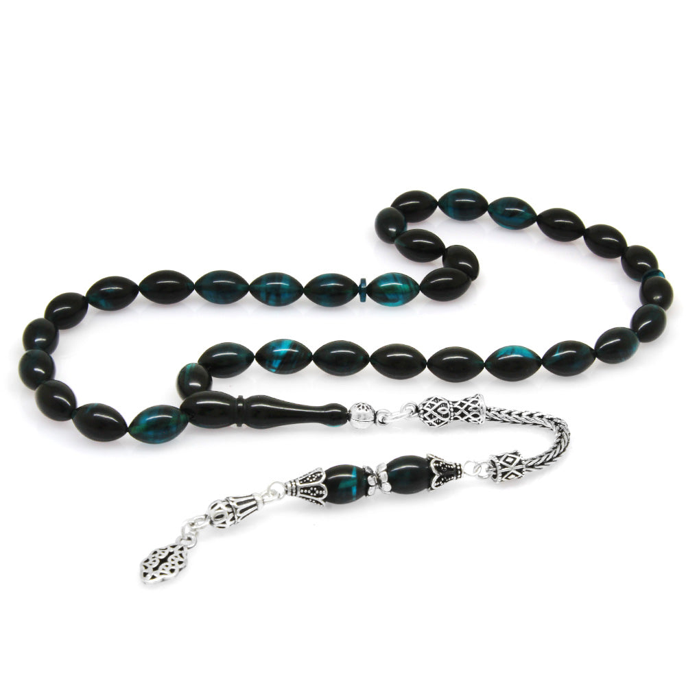 Barley Turquoise-Black Amber Rosary with Sterling Silver Tassels