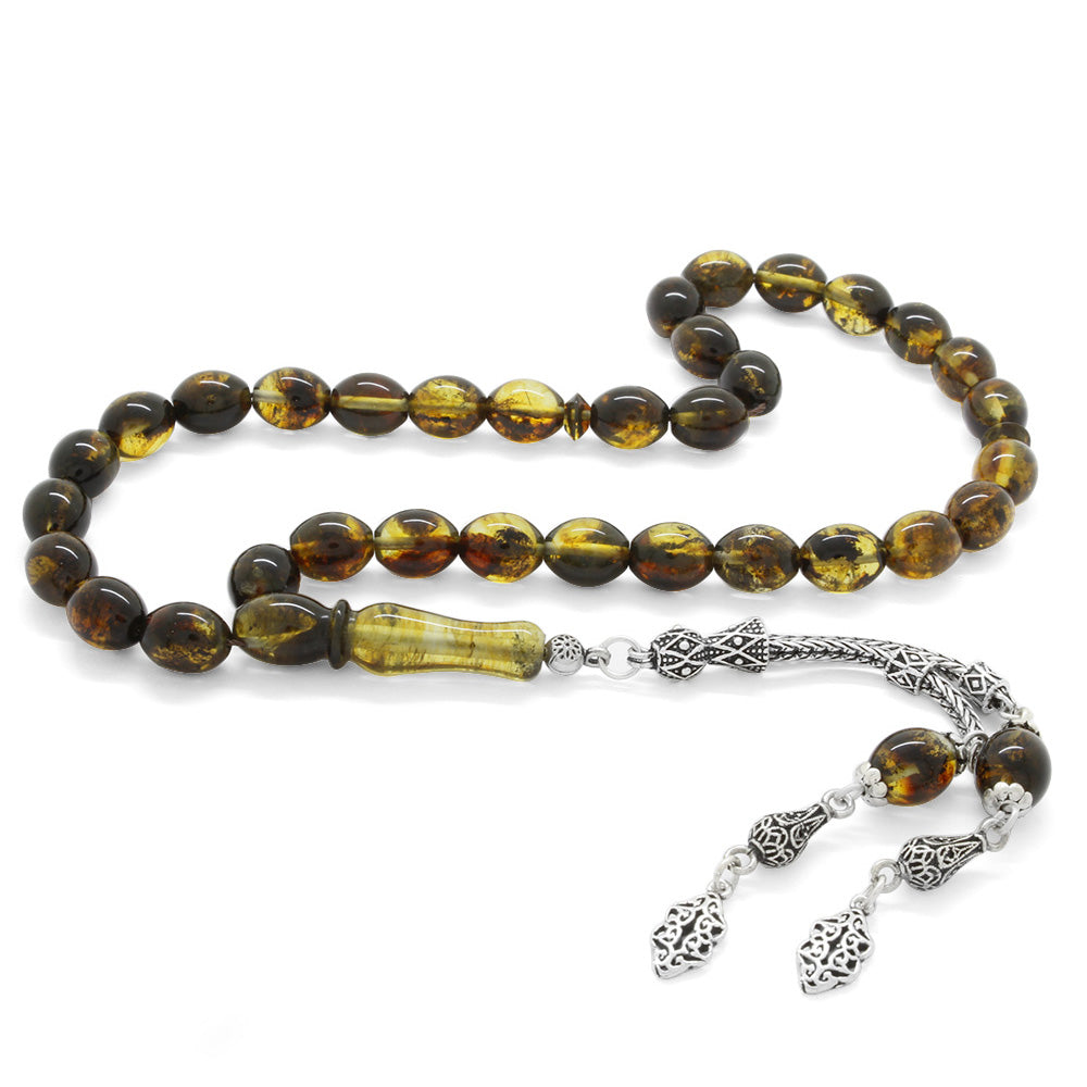 Silver Tasseled Intense Fossil Yellow Drop Amber Rosary