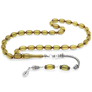 Barley Cut Yellow Fire Amber Rosary with 925 Sterling Silver Tassels
