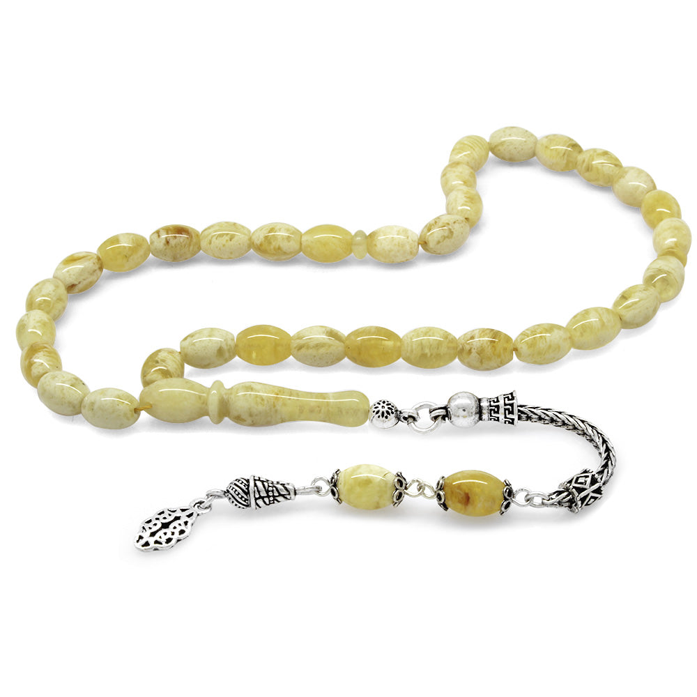 925 Sterling Silver Tasseled Barley Cut King Seccer Yellow-White Moire Drop Amber Rosary