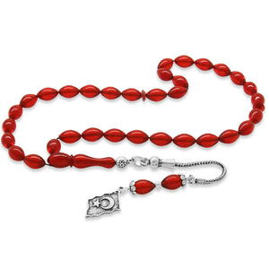925 Sterling Silver Tasseled Barley Cut Wrist Size Flag Red Fire Amber Rosary