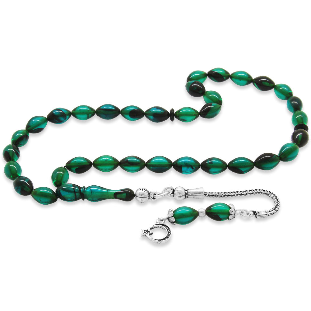 925 Sterling Silver Tasseled Barley Cut Wrist Length Turquoise-Black Fire Amber Rosary