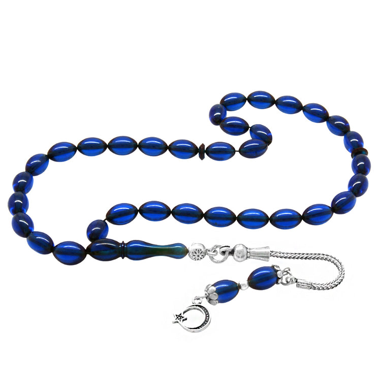 925 Sterling Silver Tasseled Wrist Length Dark Blue Crimped Amber Rosary