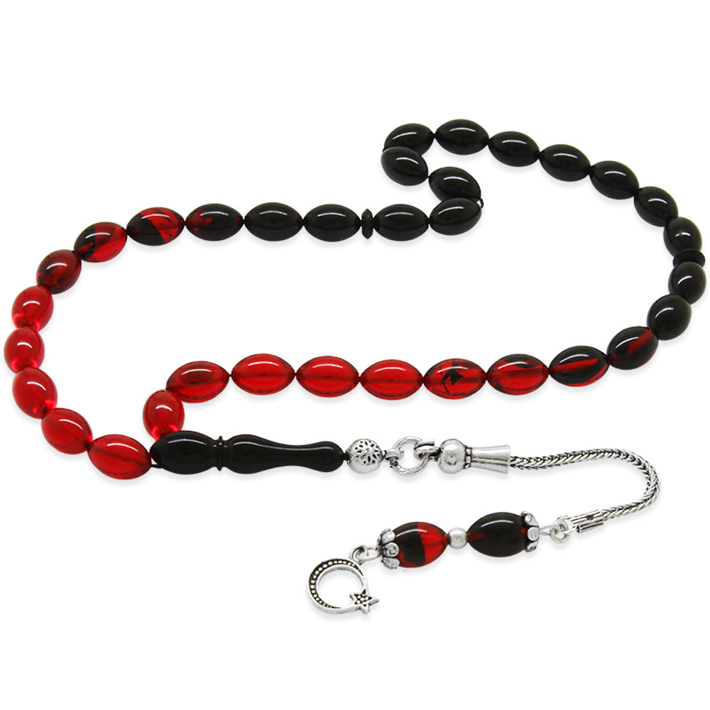Silver Tasseled Wrist Length Red-Black Fire Amber Rosary