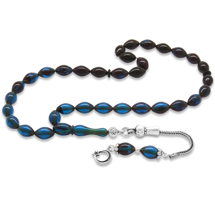 925 Sterling Silver Tasseled Wrist Length Blue-Black Pressed Amber Rosary