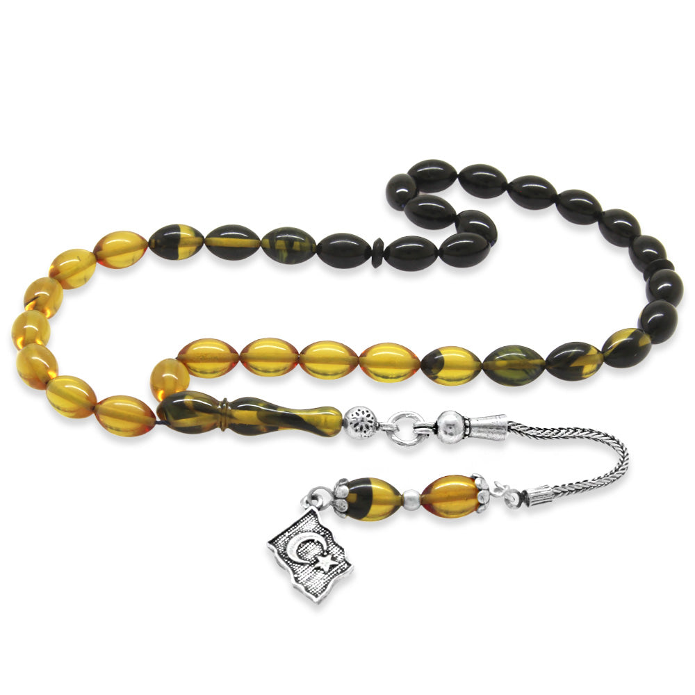 Silver Tasseled Wrist Length Yellow-Black Fire Amber Rosary