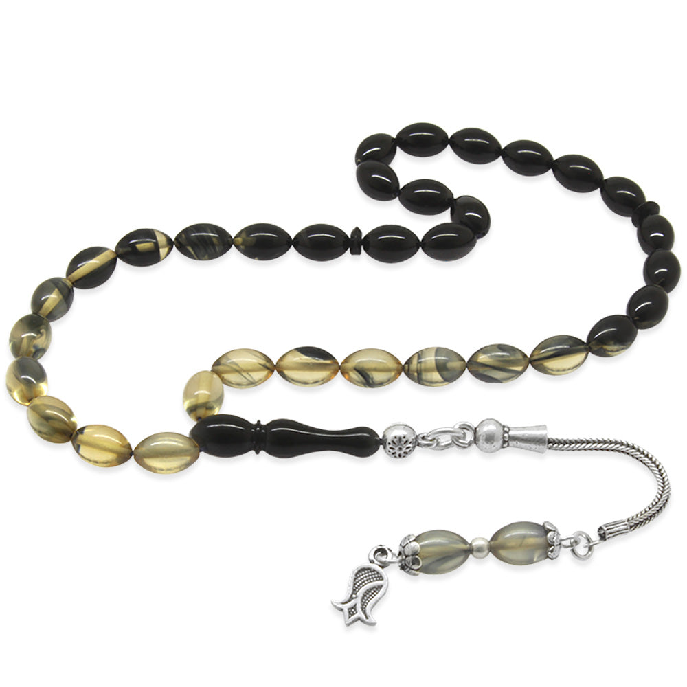 Silver Tasseled Wrist Length Black-White Fire Amber Rosary
