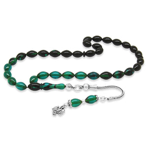 Silver Tasseled Wrist Length Turquoise-Black Fire Amber Rosary