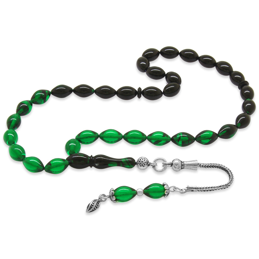 Silver Tasseled Wrist Length Green-Black Fire Amber Rosary