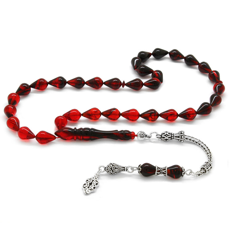 Drop Cut Red-Black Fire Amber Rosary with 925 Sterling Silver Tassels