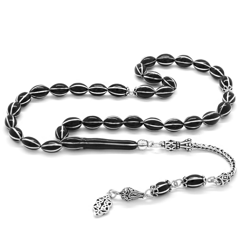925 Sterling Silver Tasseled Silver 6 Piece Erzurum Oltu Stone Prayer Beads