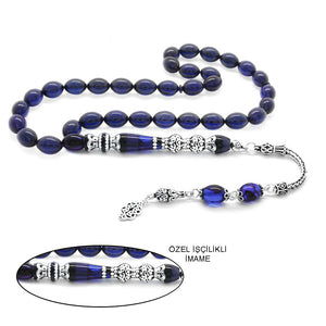 925 Sterling Silver Tasseled Nakkas Blue Pressed Amber Prayer Beads