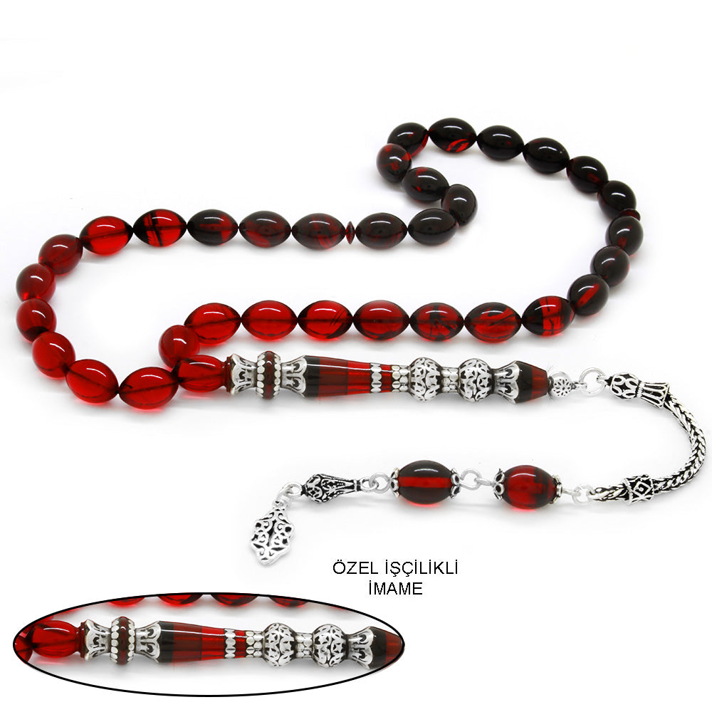 925 Sterling Silver Tasseled Red-Black Fire Amber Prayer Beads