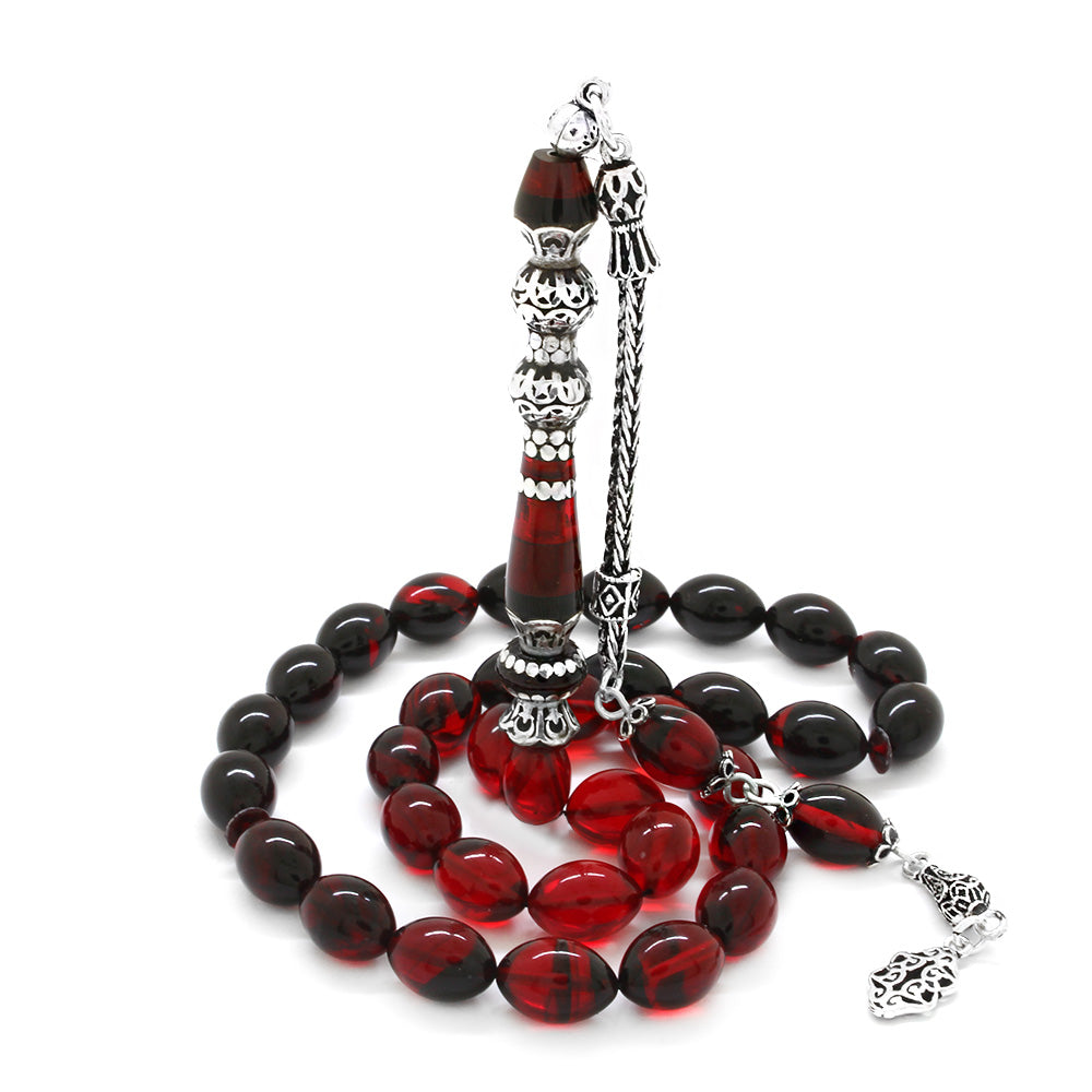 925 Sterling Silver Tasseled Fire Amber Prayer Beads